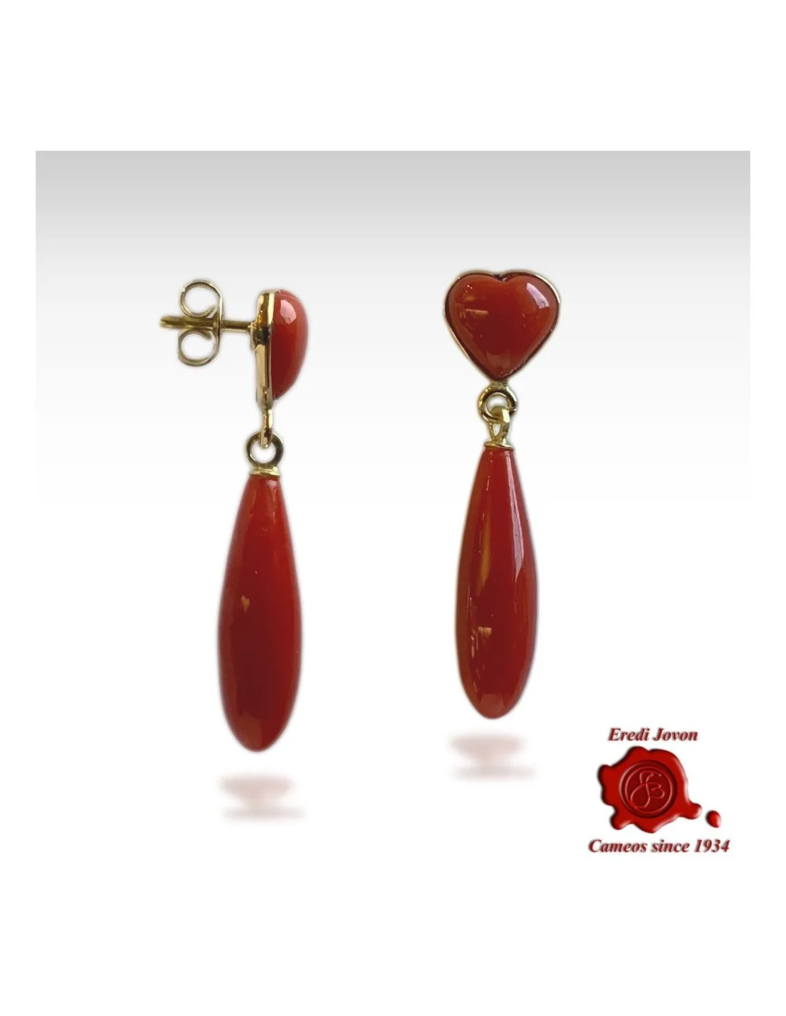 Orecchini Pendenti con Cuore in Corallo Rosso